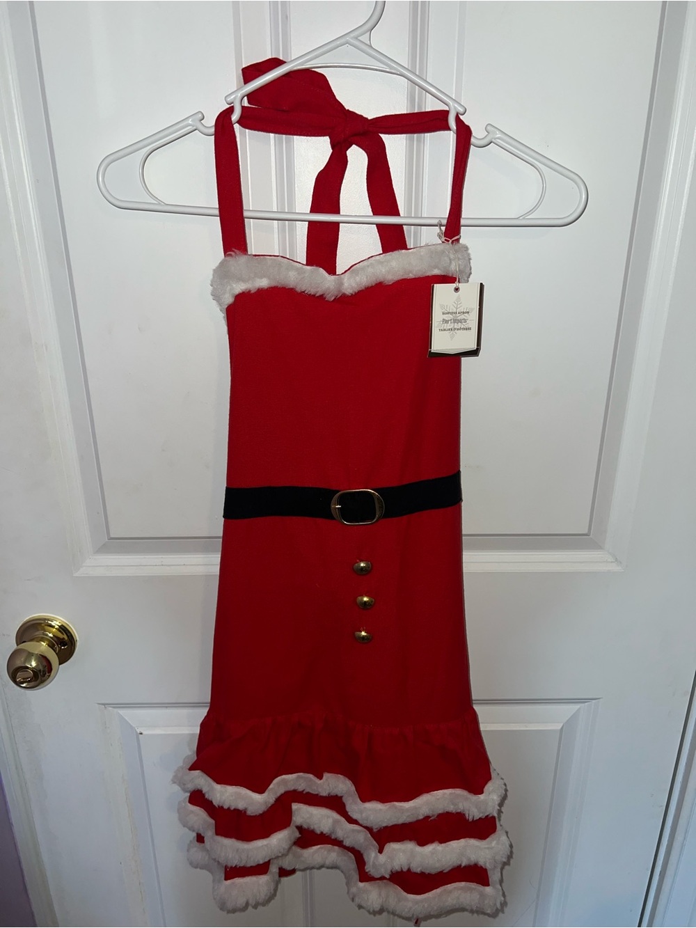Red Holiday Santa Apron with Fur Trim